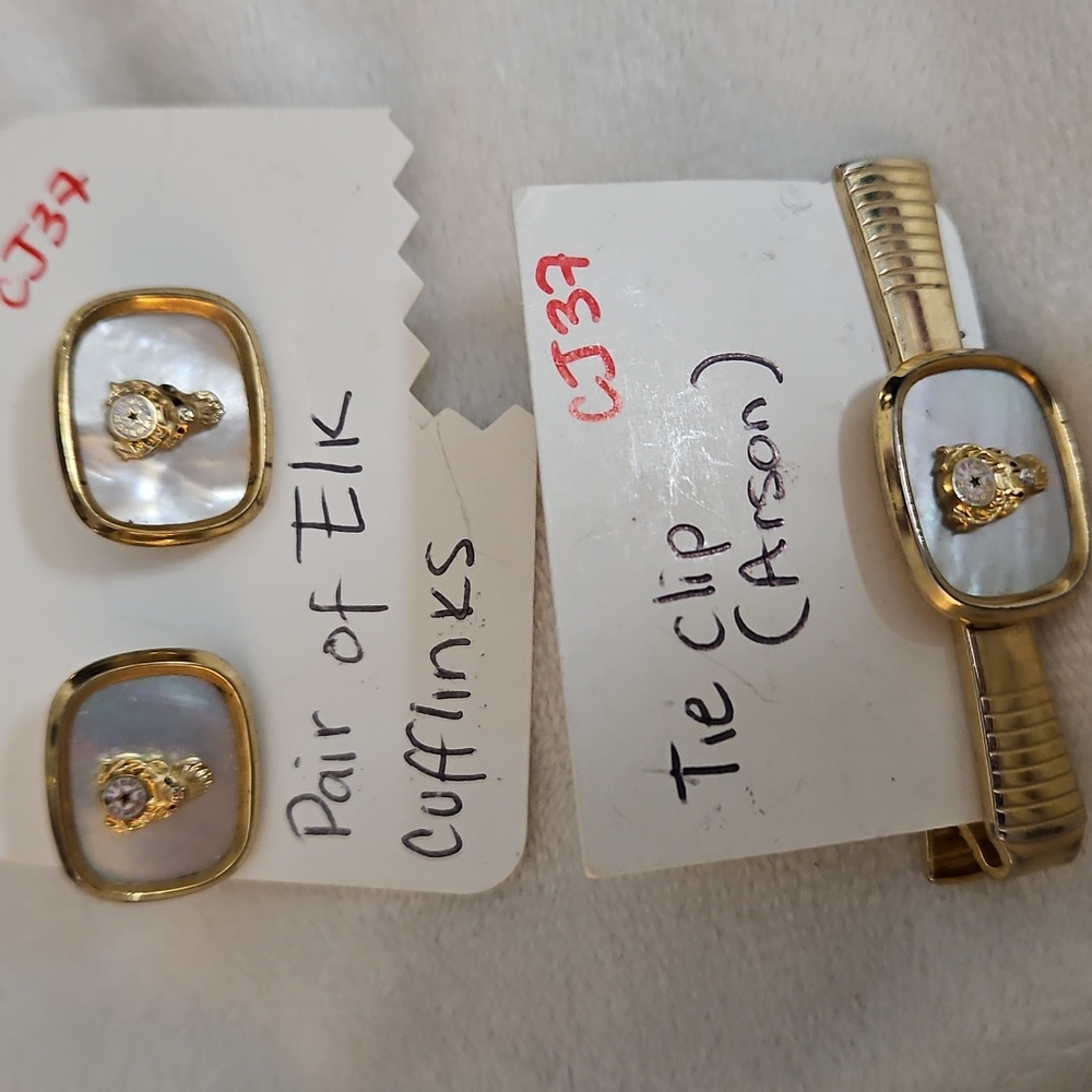 ARSON MENS CUFFLINKS AND  TIE CLIP MOTHER OF PEARL Marked‎ Anson